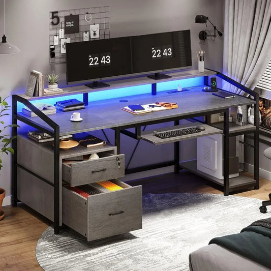 63 Inch Computer Desk Office Desk with Lockable Drawers LED Lights Power Outlet