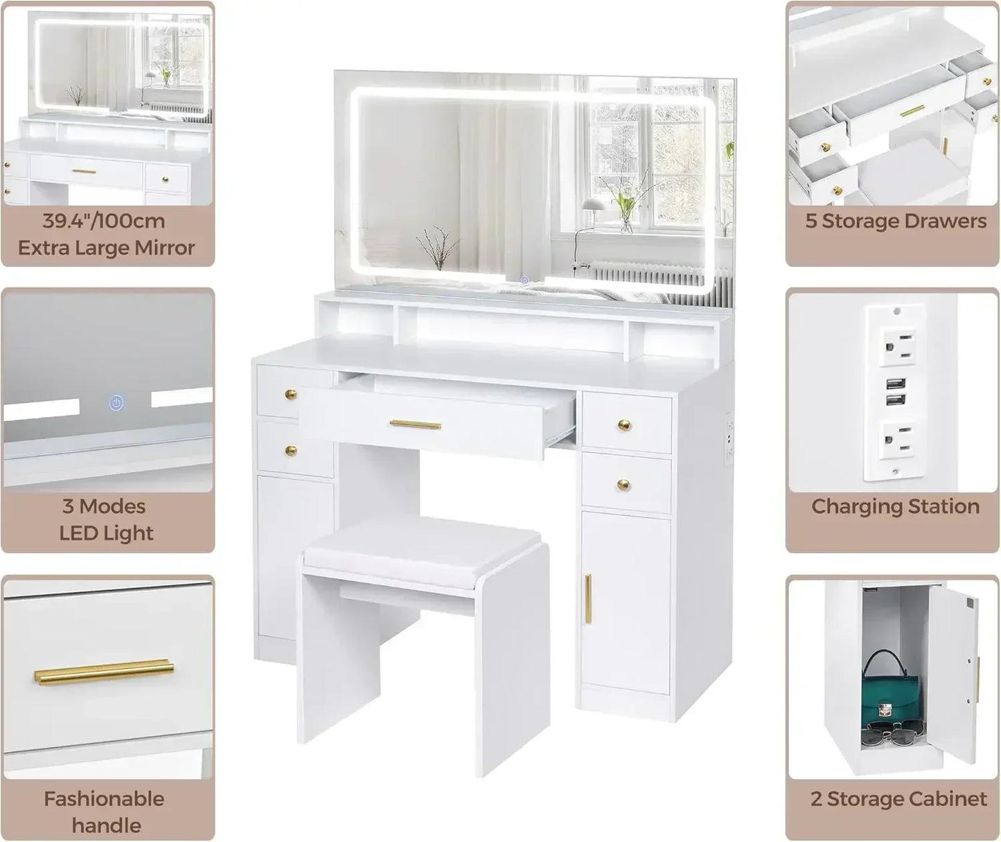 Vanity Desk Set LED Lighted Mirror Makeup Table with Storage and Stool