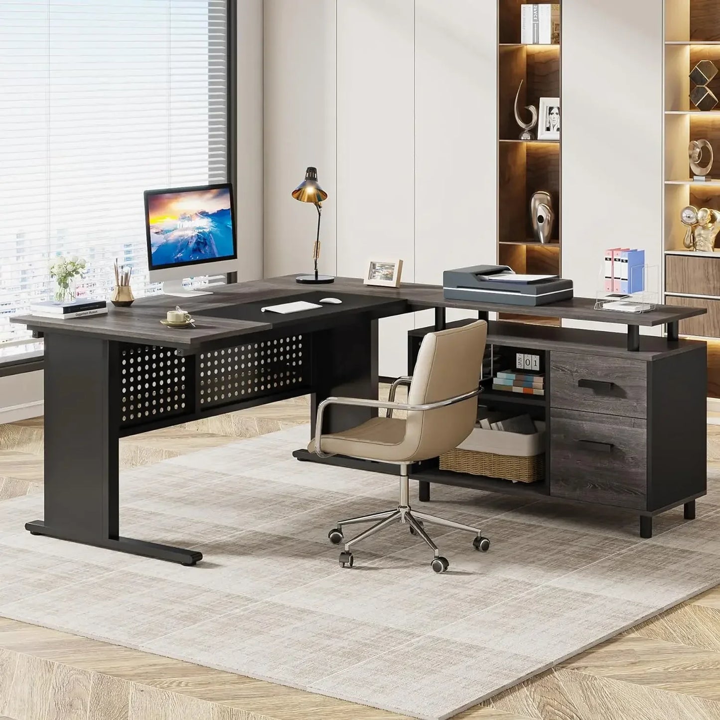 L Shaped Executive Desk with File Cabinet Large Office Desk Workstation