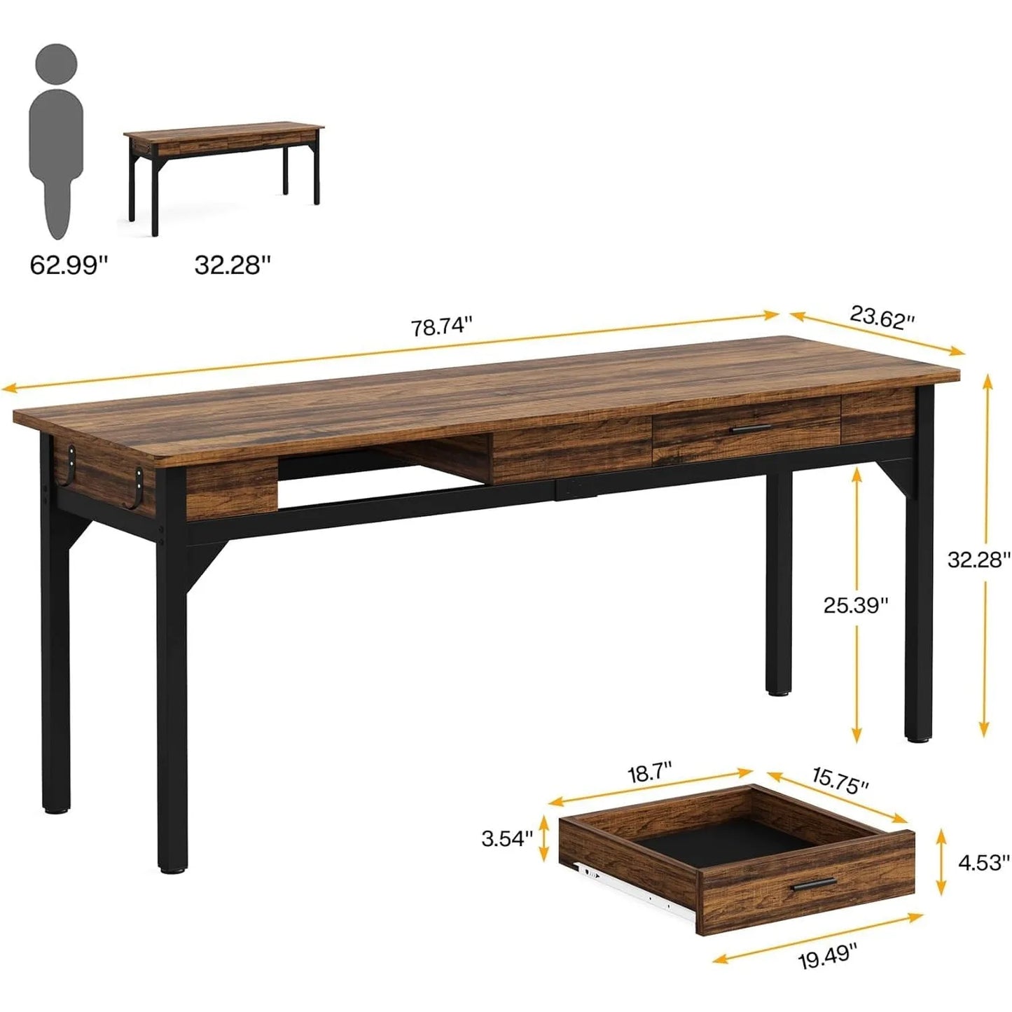 Ljustra 200cm Computer Desk Double Long Office Table with 2 Drawers