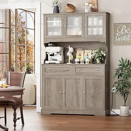 Tall Kitchen Pantry Cabinet with Countertop and Outlets Farmhouse Style