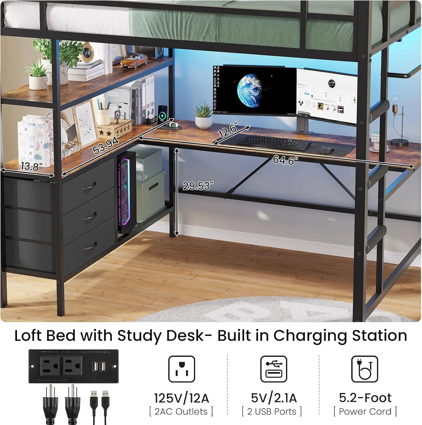Loft Bed Full Size with Desk Charging Station LED Lights Open Shelves