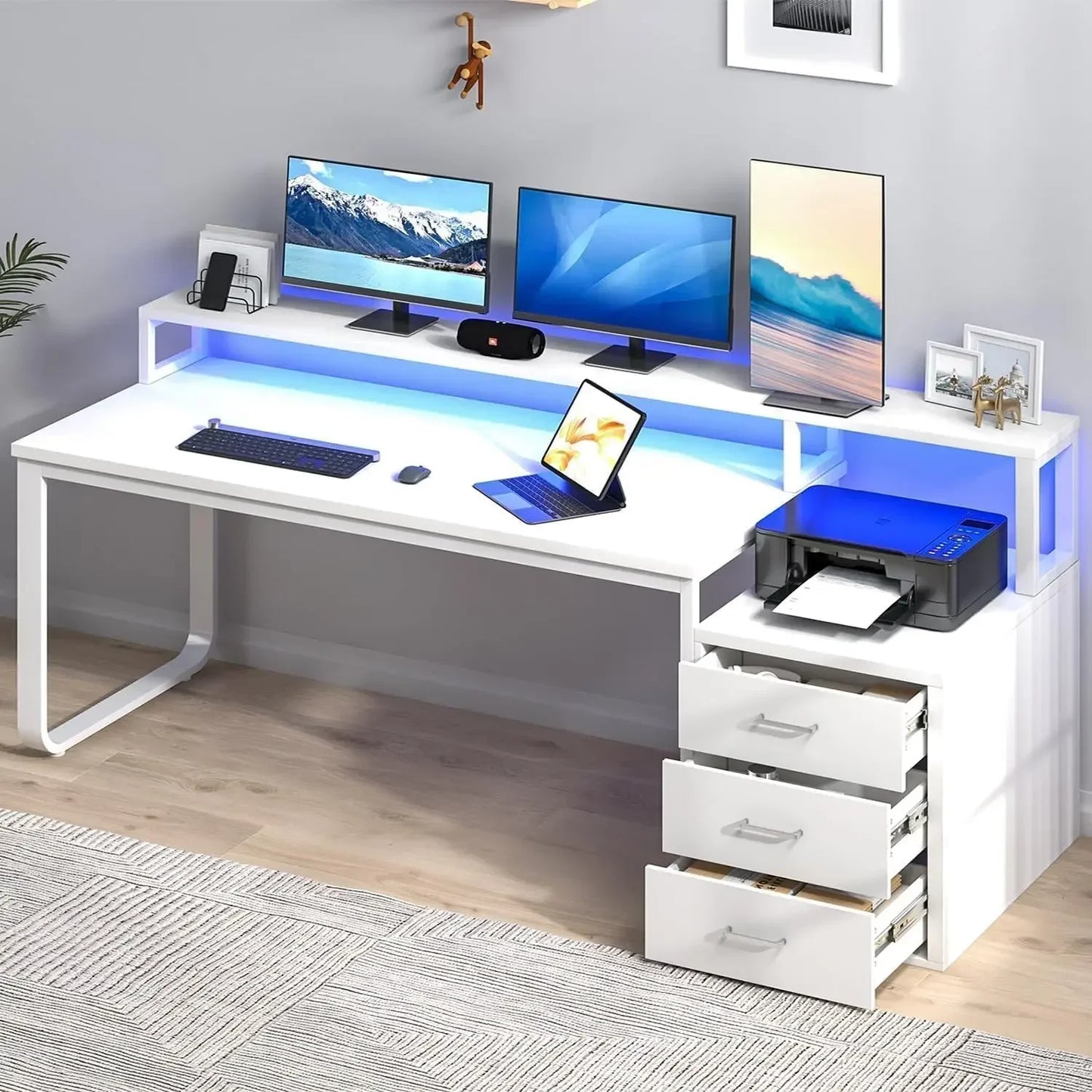 67 Inch Computer Desk with LED Lights and Drawer for Home Office
