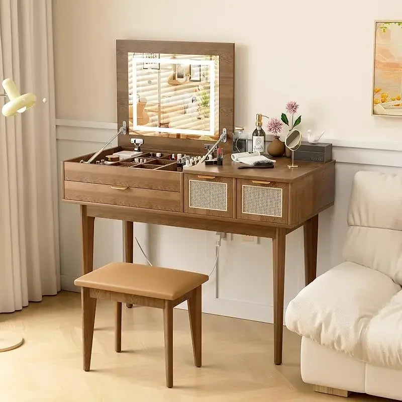 Ljustra LED Lighted Vanity Desk with Openable Mirror and Storage Stool