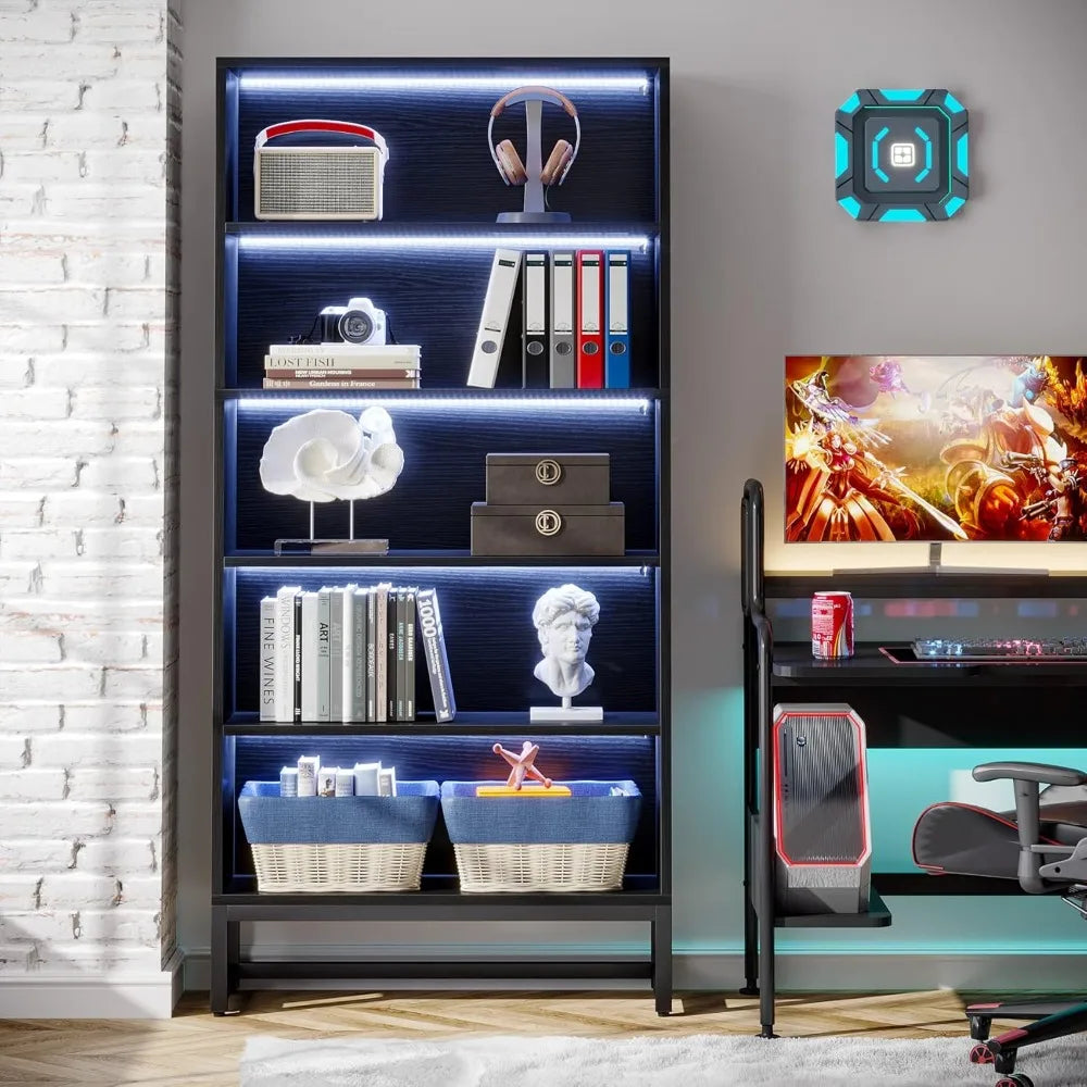 Tall Black Bookcase with LED Lights Heavy Duty Free-Standing Organizer