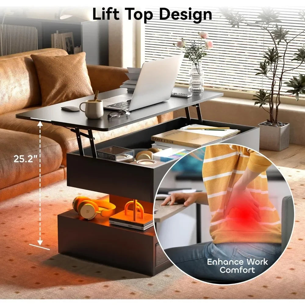 40 Inch Lift Top Coffee Table with Storage Drawers LED Modern Furniture