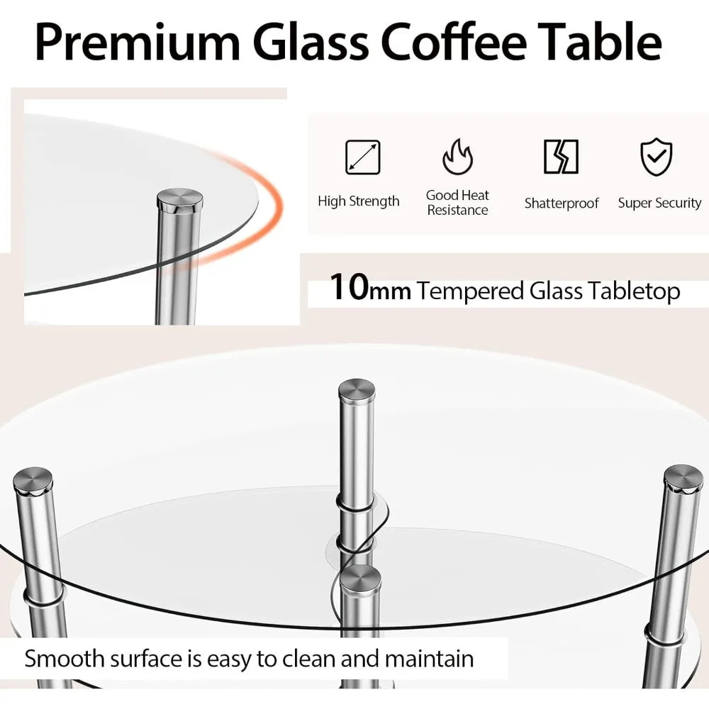Modern Glass Coffee Table with Steel Legs 3-Tier Shelves for Living Room