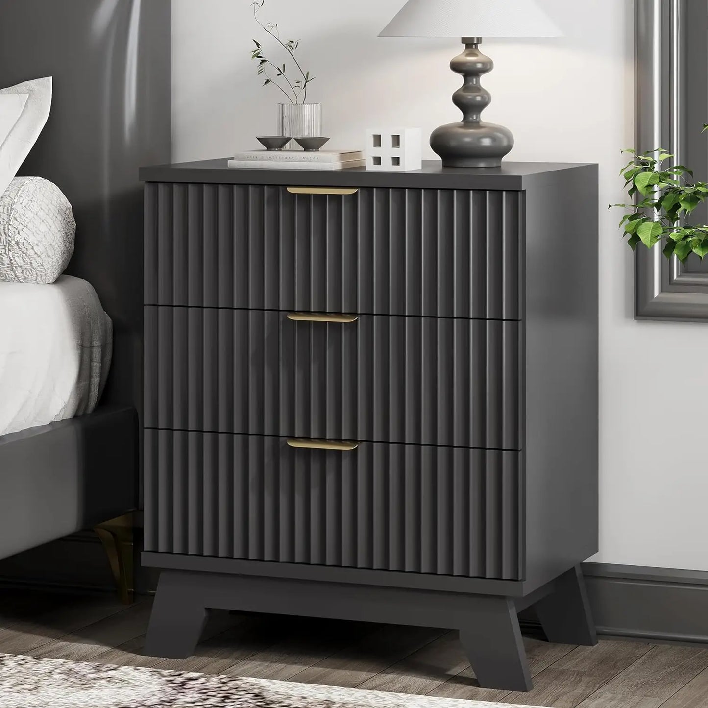 Fluted Nightstand Modern Side Table with 3 Storage Drawers