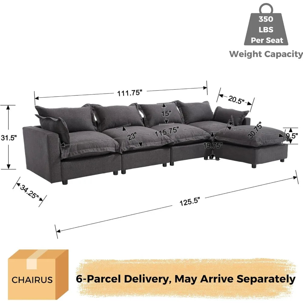Ljustra 126" Modular Sectional Sofa with Moveable Ottoman Deep Seat Linen Couch