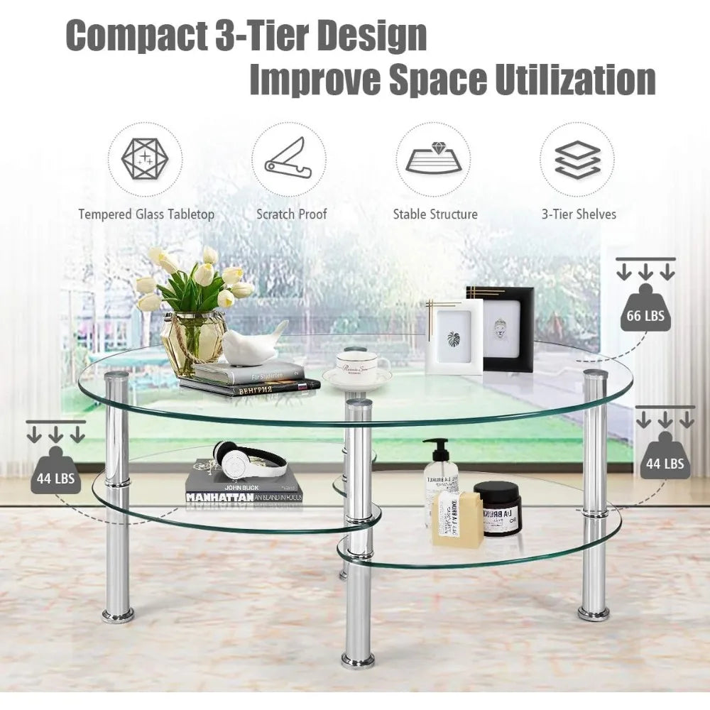 Modern Glass Coffee Table with Steel Legs 3-Tier Shelves for Living Room