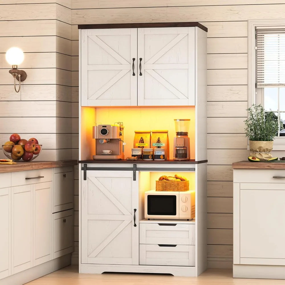 Farmhouse Kitchen Pantry Storage Cabinet Freestanding Hutch Drawers Shelves