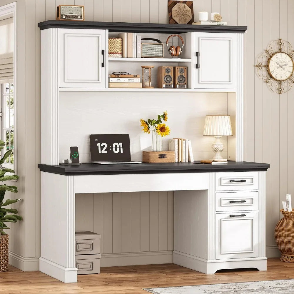 Farmhouse Computer Desk with Hutch 3 Drawers Power Outlet 47.2 Inch