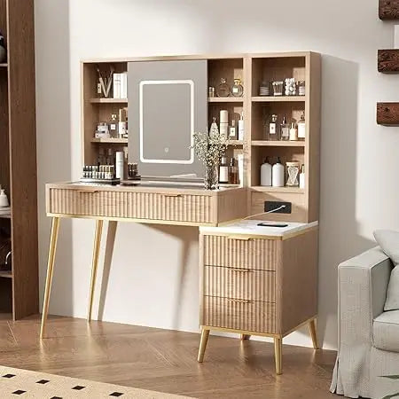 48 Inch Fluted Makeup Vanity Desk with Sliding Mirror and Lights