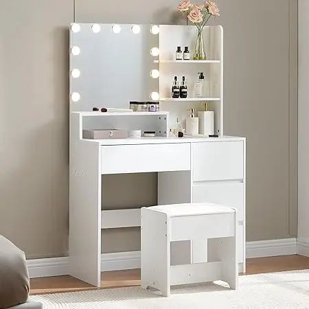 Makeup Vanity Desk with LED Light Power Outlet Storage Chair Set