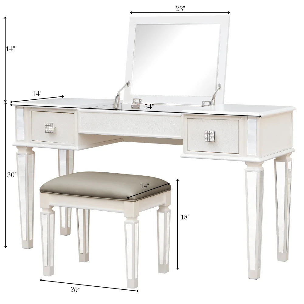 Luxury Mirrored Vanity Desk Set with Stool and Drawer Storage for Bedroom