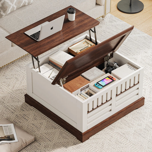 Farmhouse Lift Top Coffee Table with Hidden Storage Modern Square Design