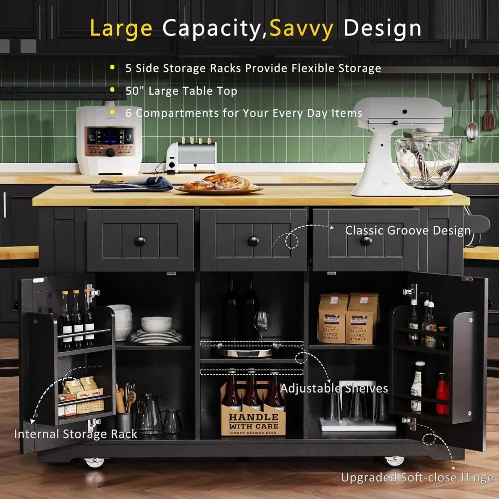 Kitchen Storage Island on Wheels with Drop Leaf Power Outlet Rolling Cart