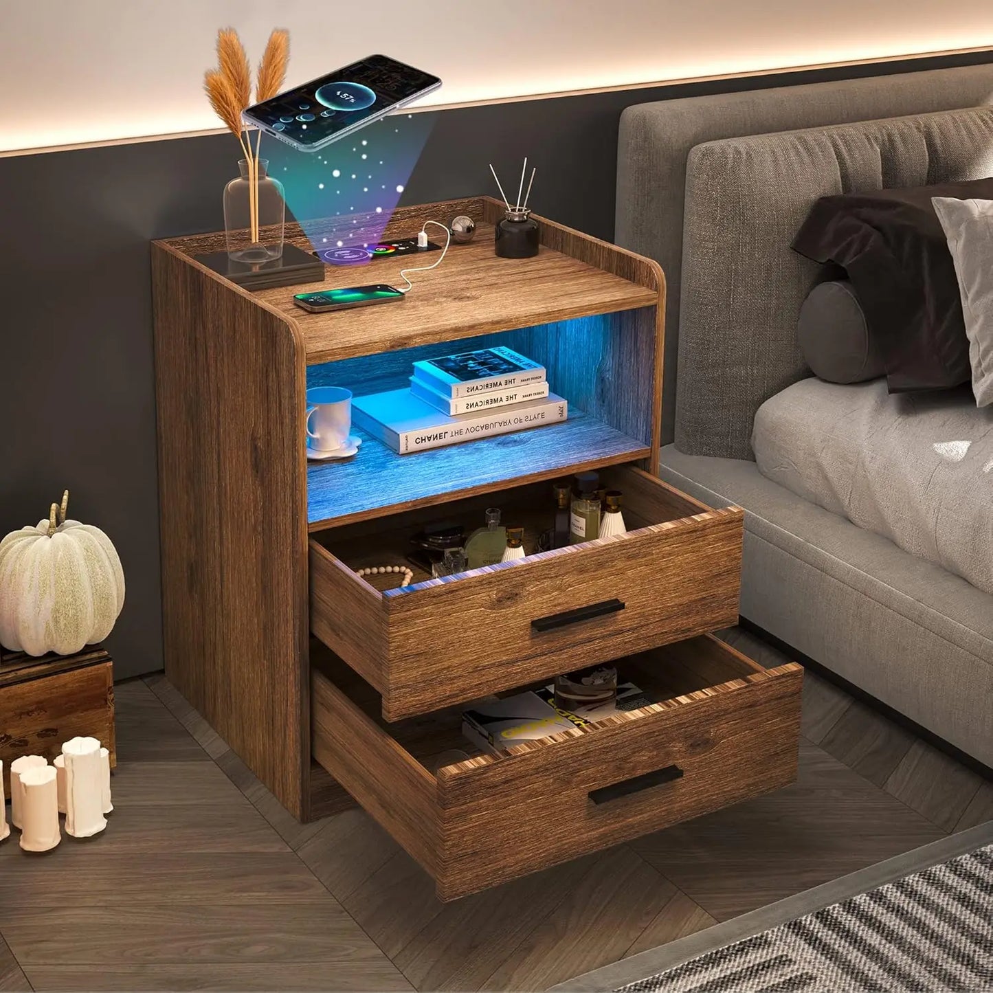 Night Stand Wireless Charging Station Smart Bedside Table 2 Drawers RGB Lighting