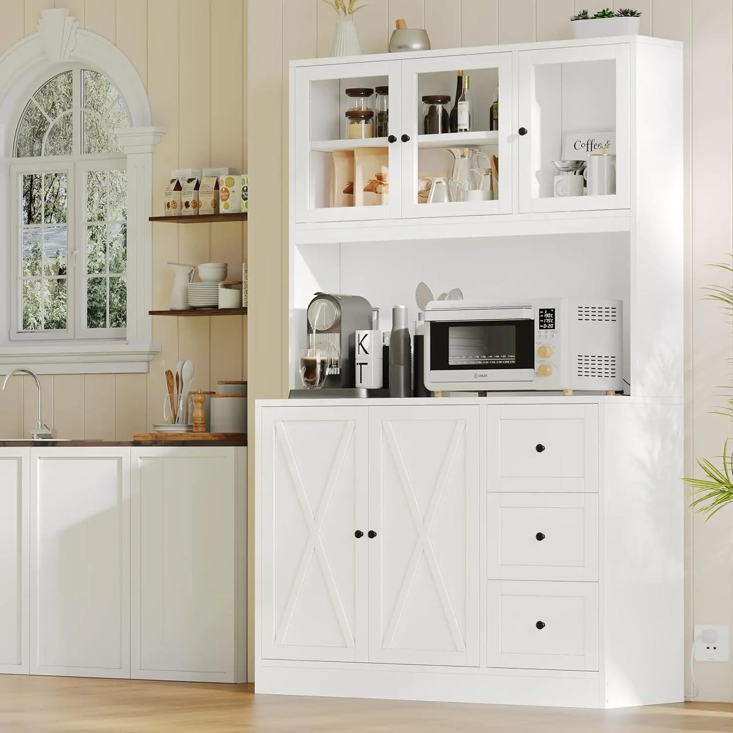 Kitchen Pantry Hutch with Microwave Stand Boho Storage Cabinet