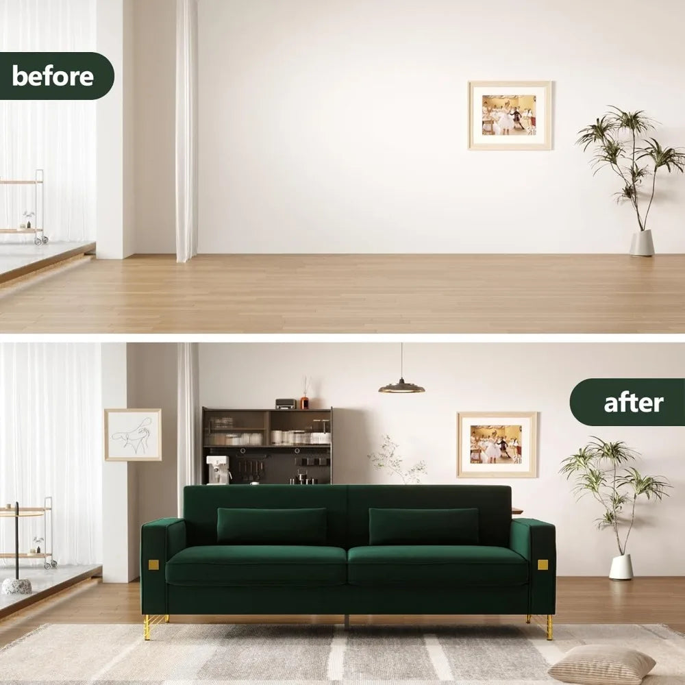 85" Velvet Mid-Century Sofa Couch 3-Seater w/ Gold Legs & Pillows Modern Style