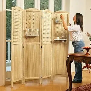 Room Divider Folding Pegboard Privacy Screen 4-Panel Display Stand