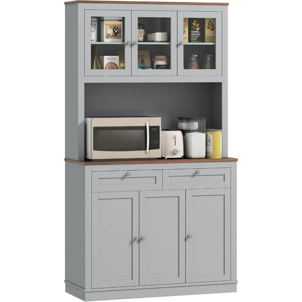 71 Inch Tall Freestanding Kitchen Pantry Hutch with Microwave Stand