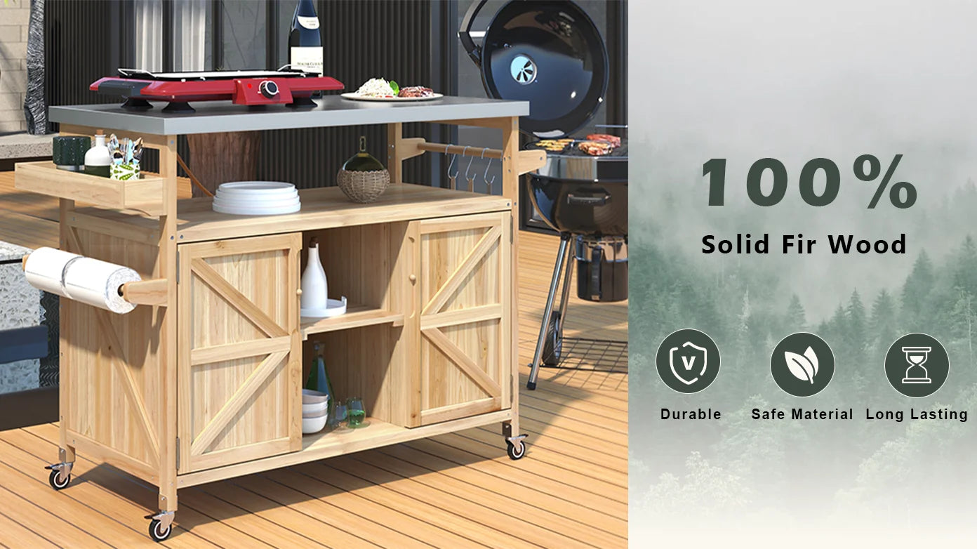 Outdoor Kitchen Island Rolling Bar Cart Storage Cabinet Grill Table