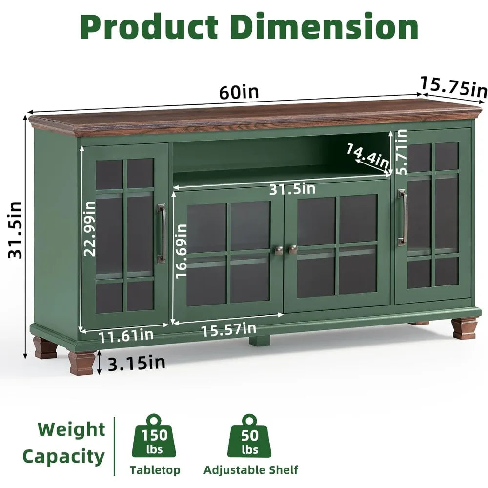Large Vintage Green Sideboard Buffet Cabinet with Glass Doors Storage