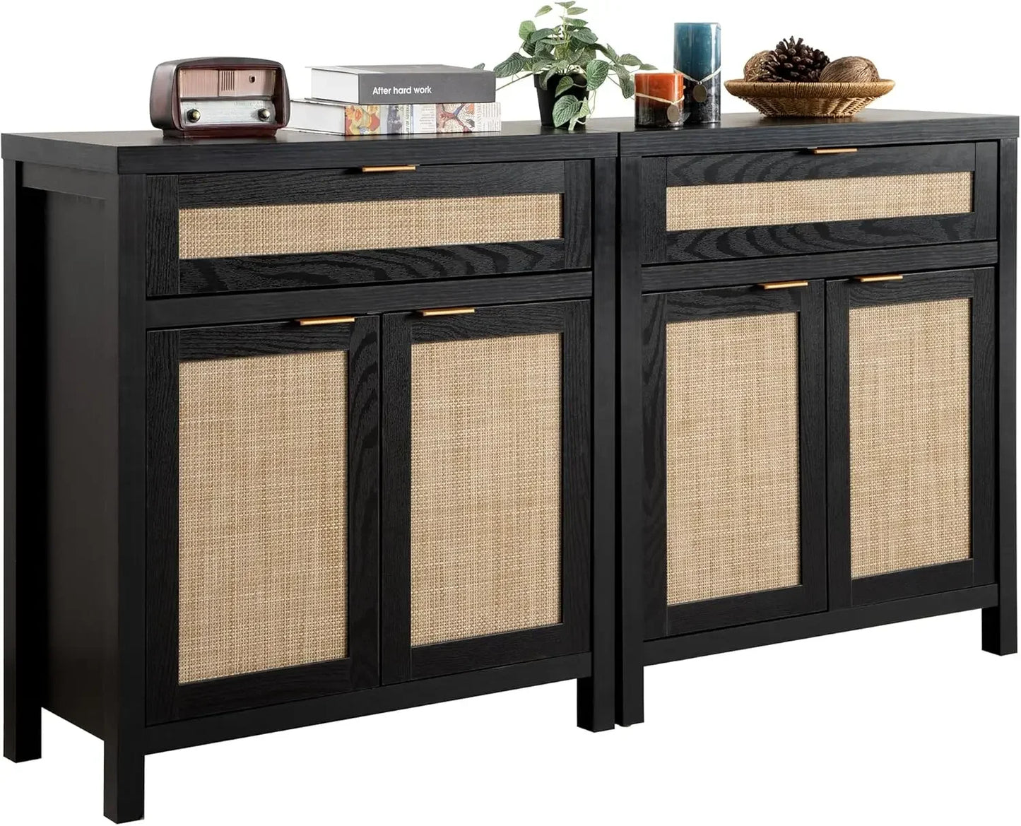 Buffet Storage Cabinet 2-piece Set Bohemian Rattan Sideboard Console