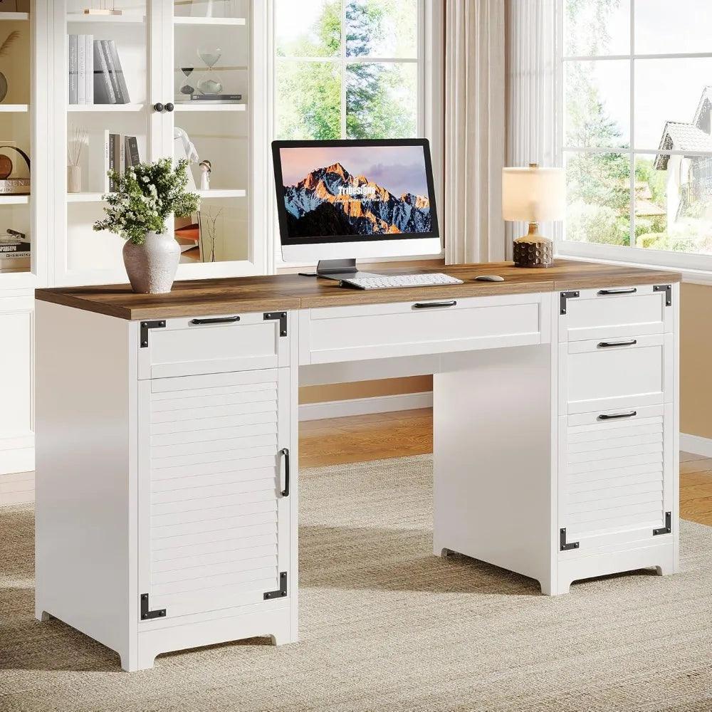59 Inch Farmhouse Executive Desk with Charging Station and Storage