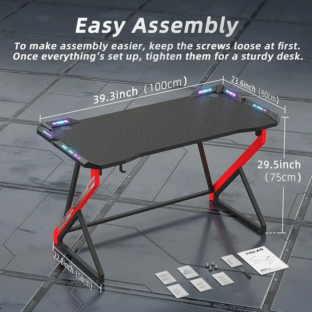 Gaming Desk With LED Lights Z Shaped Carbon Fiber Surface 40H Workstation