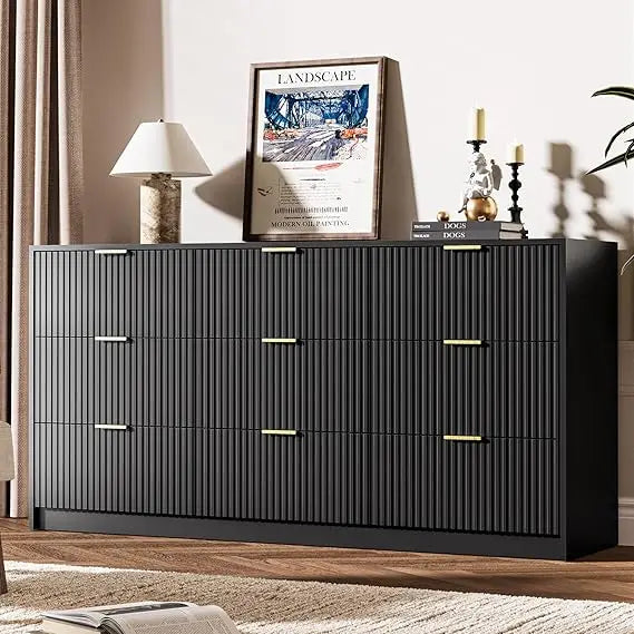 Black Dresser 9 Drawer Modern Chest of Drawers for Bedroom Living Room
