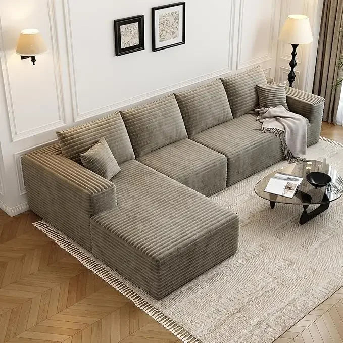 135” L-Shaped Modular Cloud Sectional Sofa Black Corduroy Couch w/ Chaise