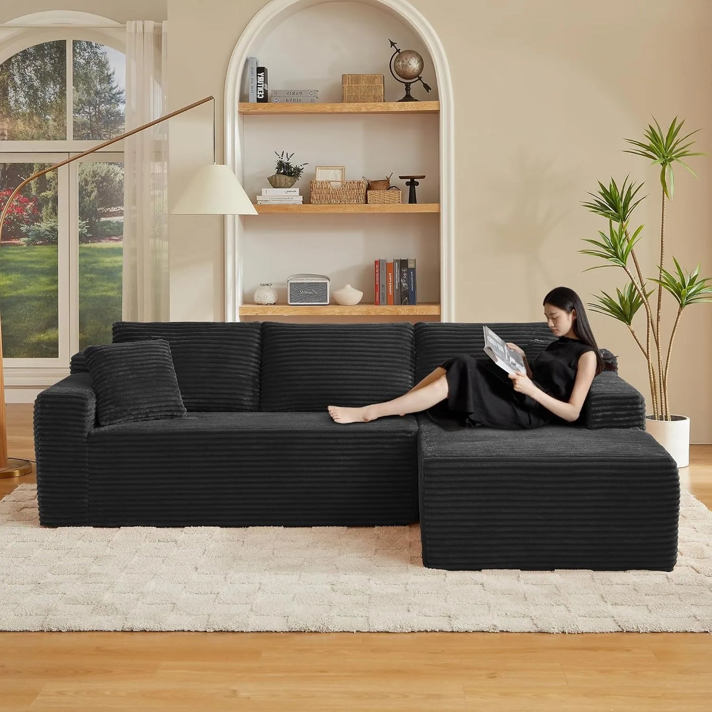 Modern L-Shape Modular Sectional Sofa Deep Seat Corduroy Couch