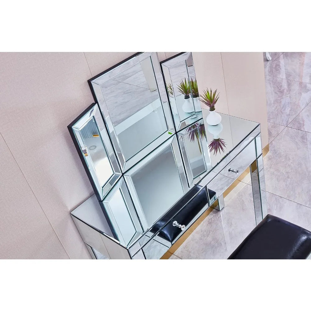 Silver Mirrored Makeup Vanity Desk Set with 2 Drawers for Women
