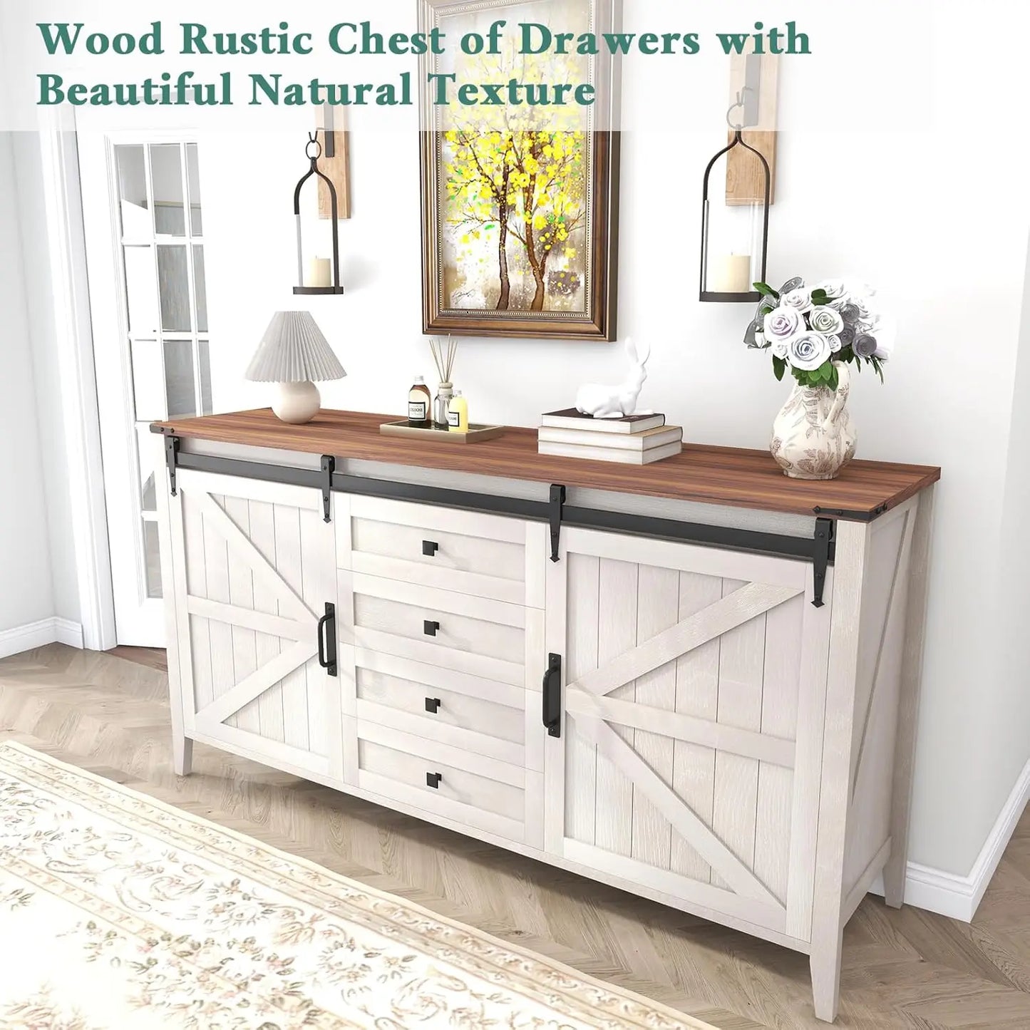 60 Inch Farmhouse Dresser 4 Drawers Rustic Chest of Drawers Bedroom