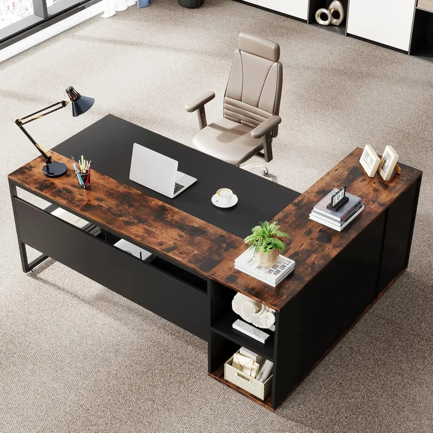 L Shaped Executive Desk with Cabinet and Shelves for Home Office