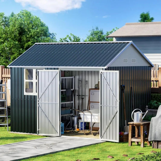 Outdoor Steel Storage Shed with Lockable Doors and Window for Garden