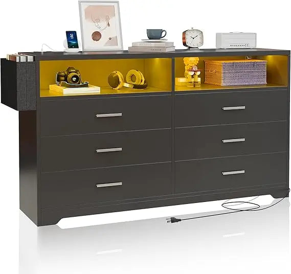 6 Drawer Dresser Charging Station Modern Chest of Drawers LED Lights