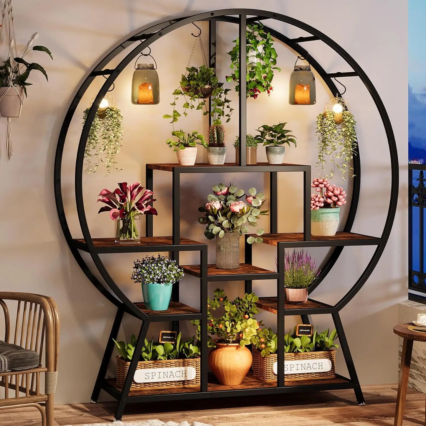7-Tier Round Indoor Plant Stand Large Tall Shelf with Hooks for Pots