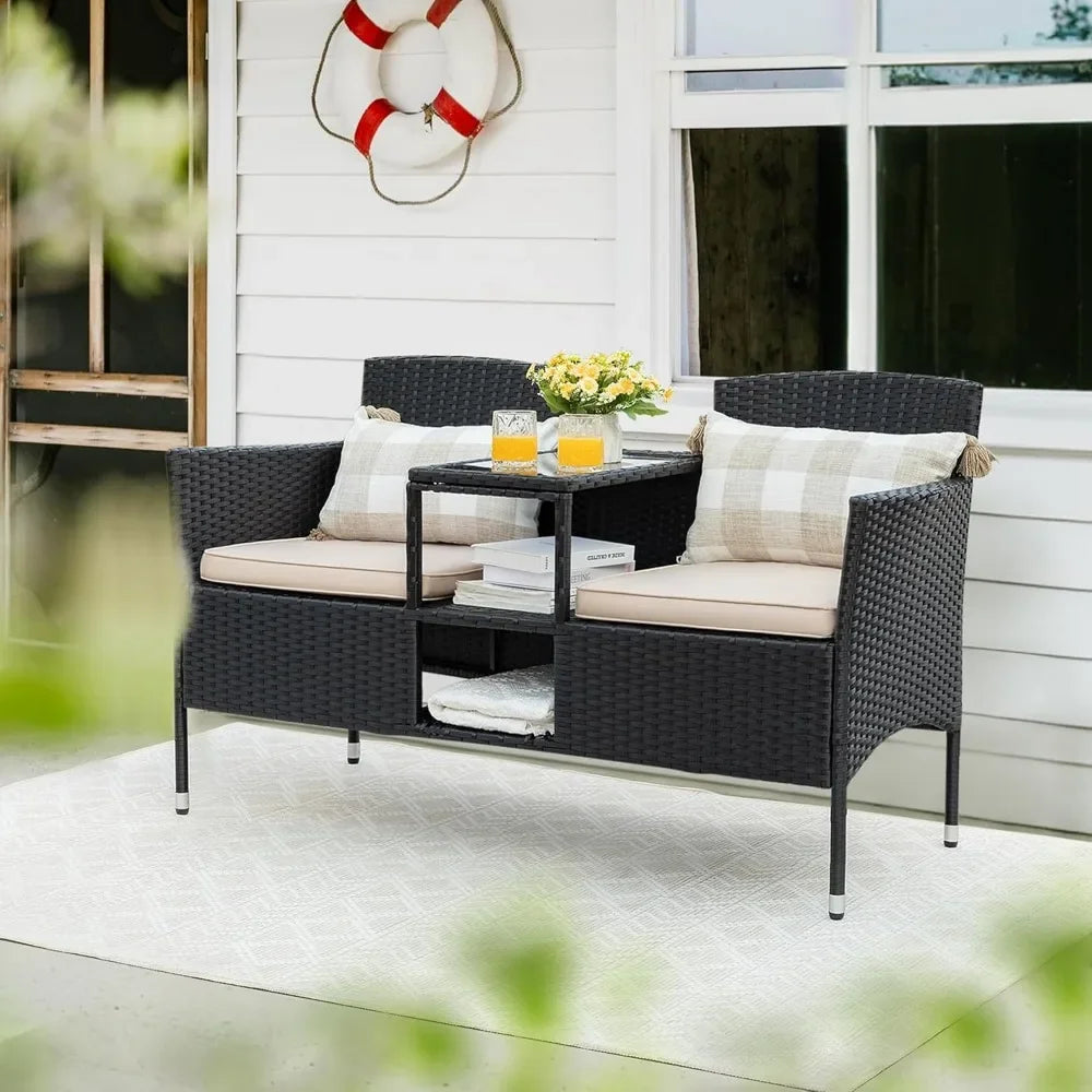 Ljustra Outdoor Loveseat Wicker Seat with Table Cushions Patio Bench