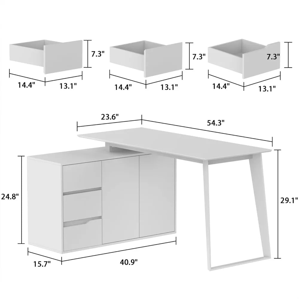 L-Shaped Home Office Desk with Storage 3 Drawers 2 Shelves Modern Design