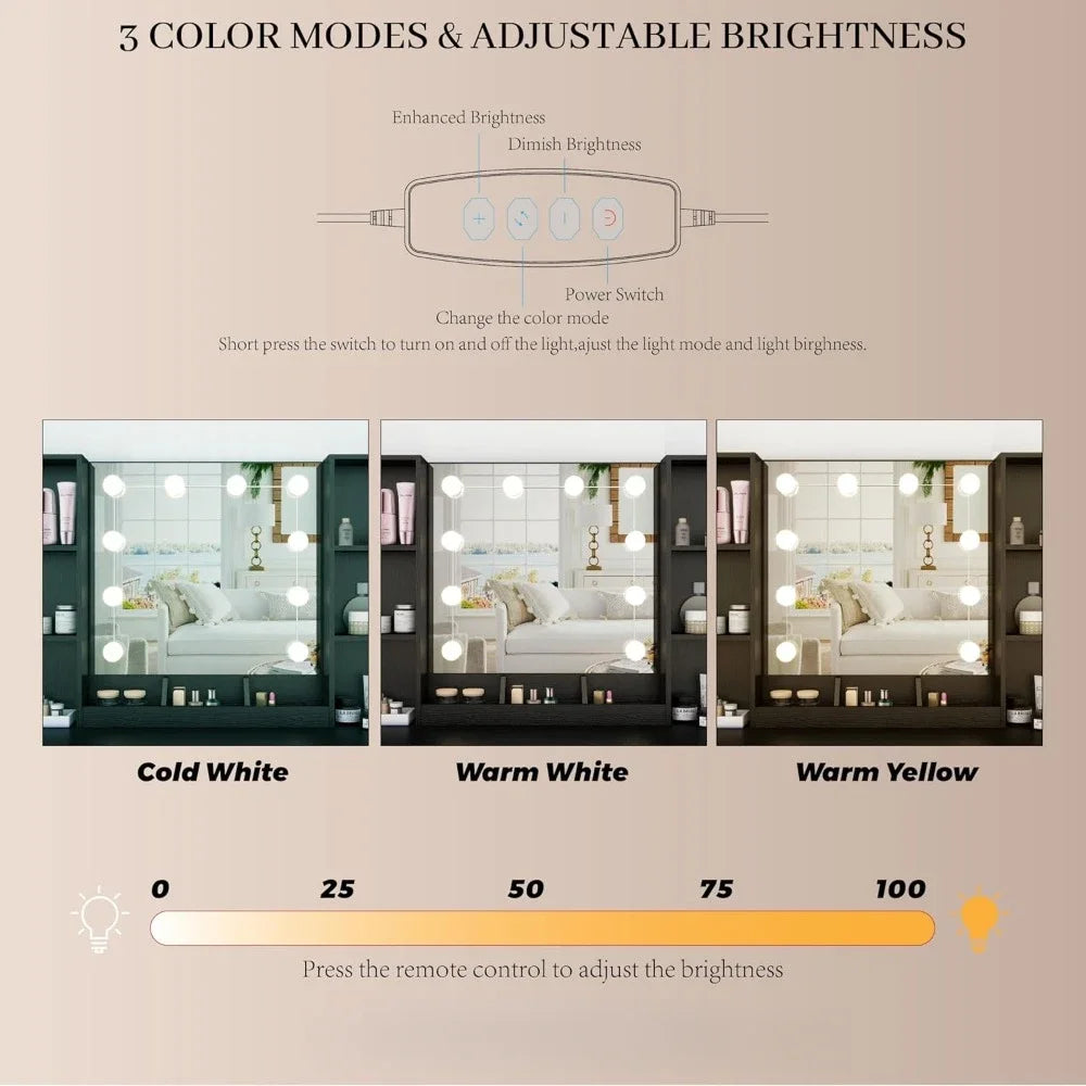 Modern Vanity Desk Makeup Table with Lights Storage Drawers and Shelves