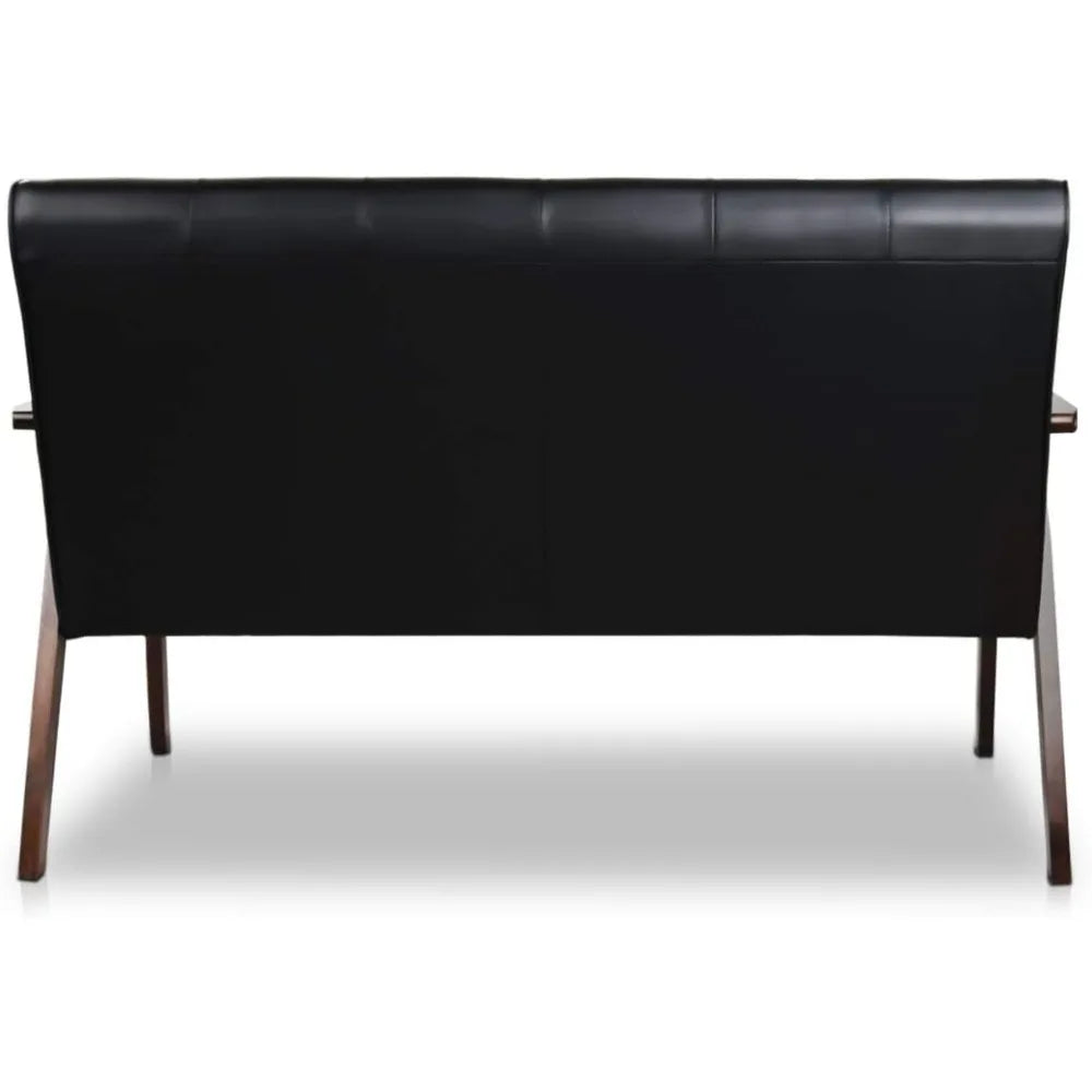 Mid-Century Faux Leather 2-Seater Loveseat Sofa Black Wood Frame Couch Apartment
