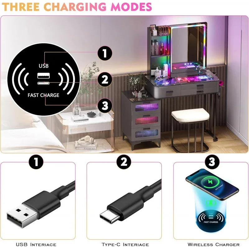RGB Vanity Makeup Desk with 6 Drawers Smart Lighting and Charging Station