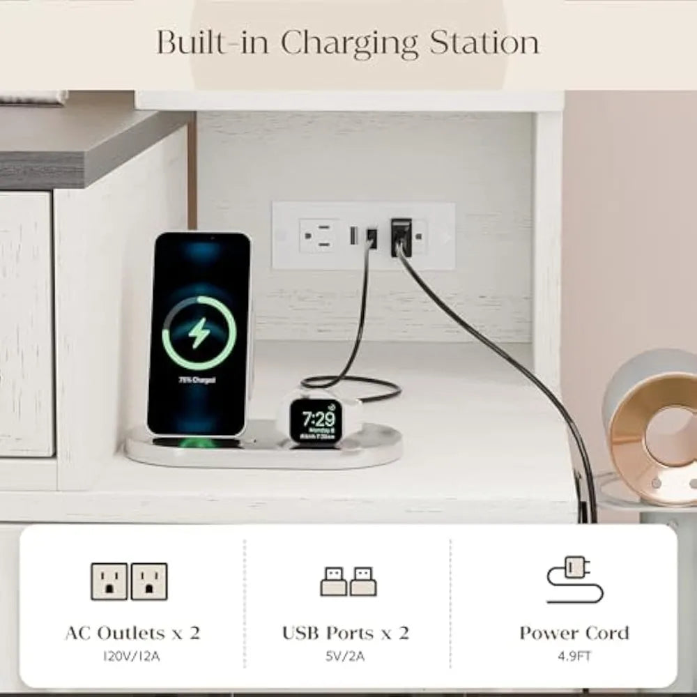 Makeup Vanity Desk with Mirror Lights Charging Station and Storage