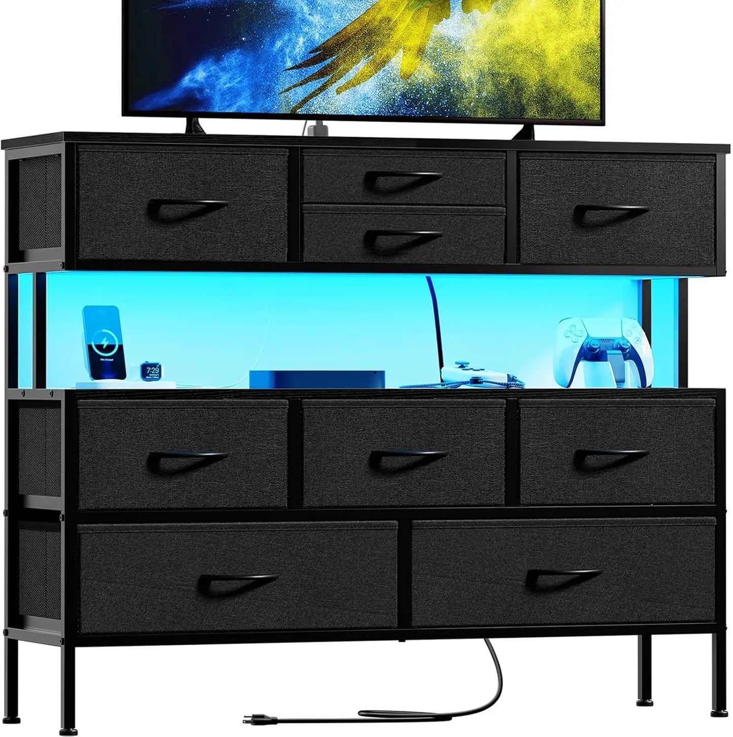 Dresser TV Stand with Charging Station LED Lights 55 Inch 9 Drawers