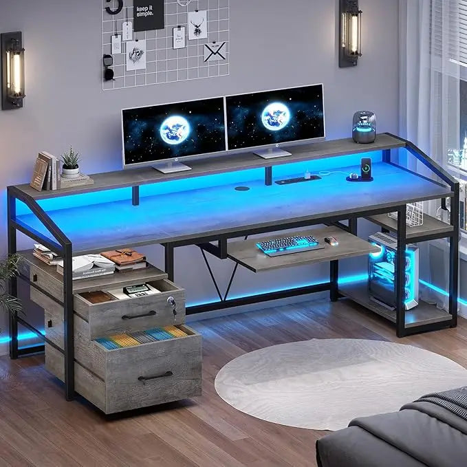 63 Inch Computer Desk with Lockable Drawers LED Lights Power Outlet Gaming