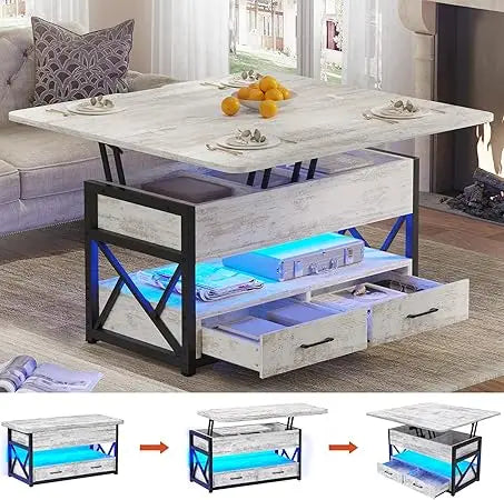40 Inch Lift Top Coffee Table with Storage LED Light and Drawers