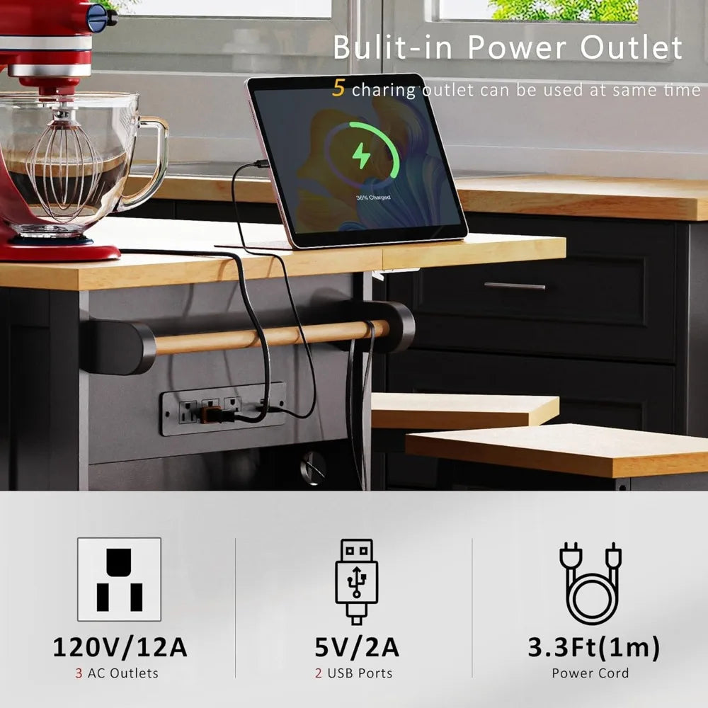 Large Kitchen Island Cart with Storage and Power Outlet on Wheels